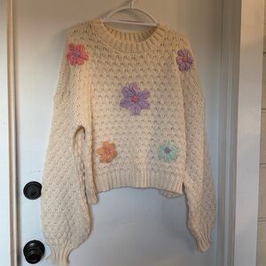 New In EMBROIDERY FLORAL KNIT SWEATER Embroidered Cream cottagecore large